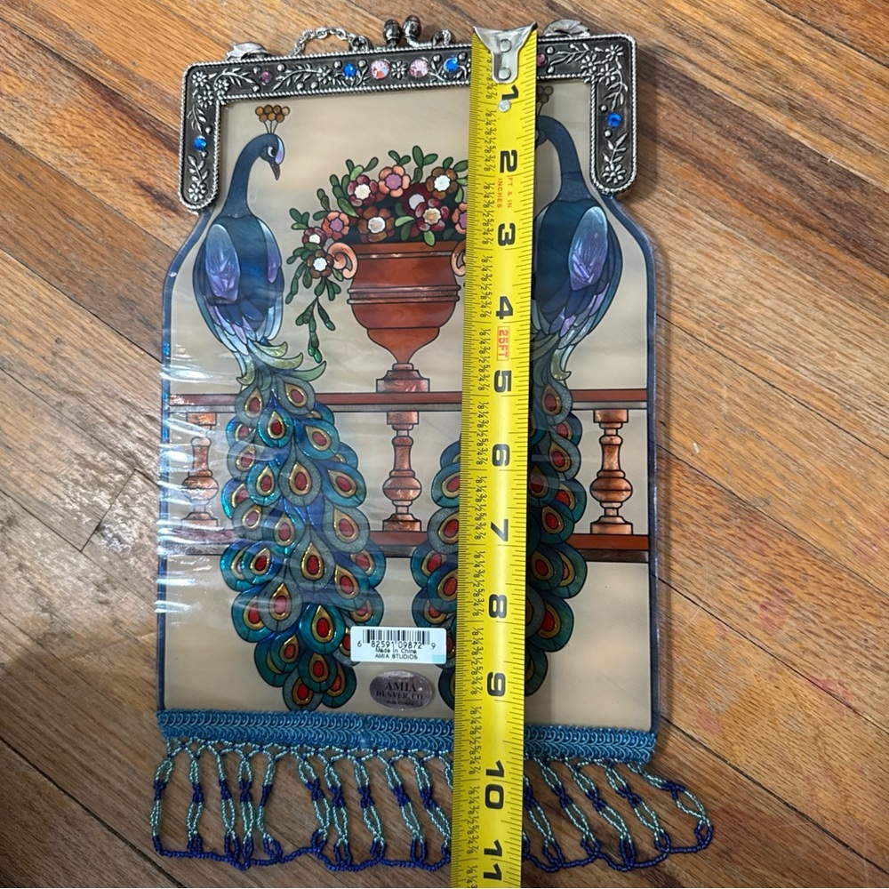 AMIA Stained Glass Peacock Suncatcher Beaded Purse Design Metal Frame Jewels - Picture 4 of 7
